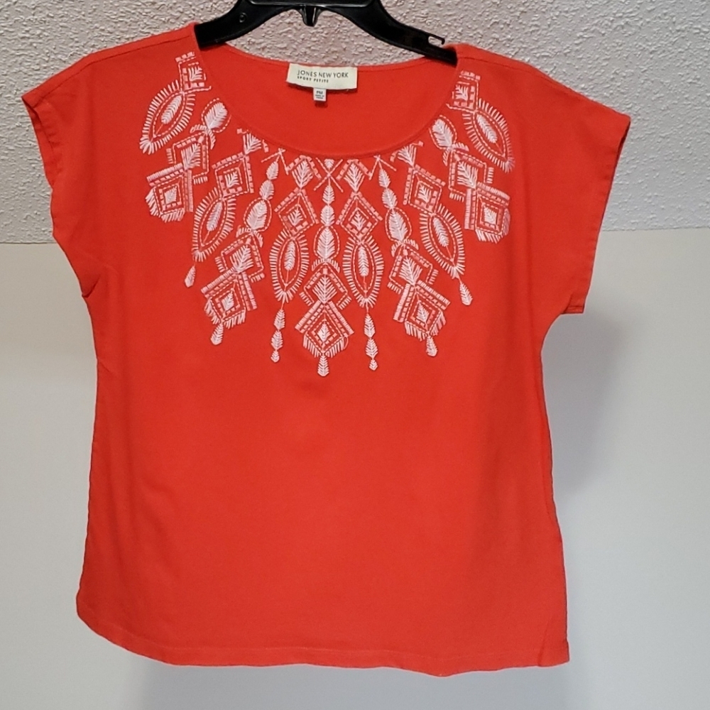 Jones New York Sport Petite Orange Embroidered Cap Sleeve Tee Shirt Women's PM